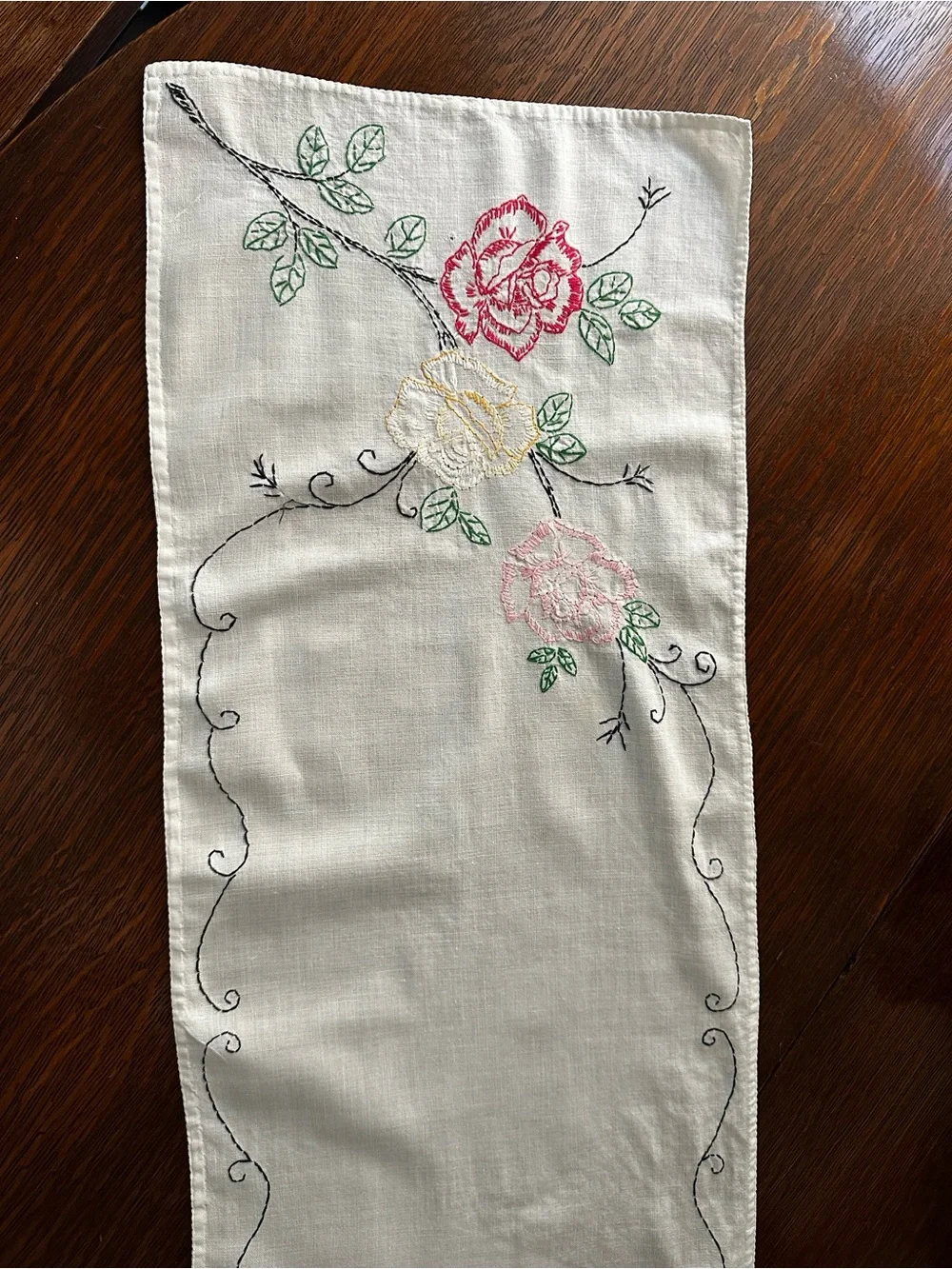 Vintage Hand-Embroidered Floral Runner
